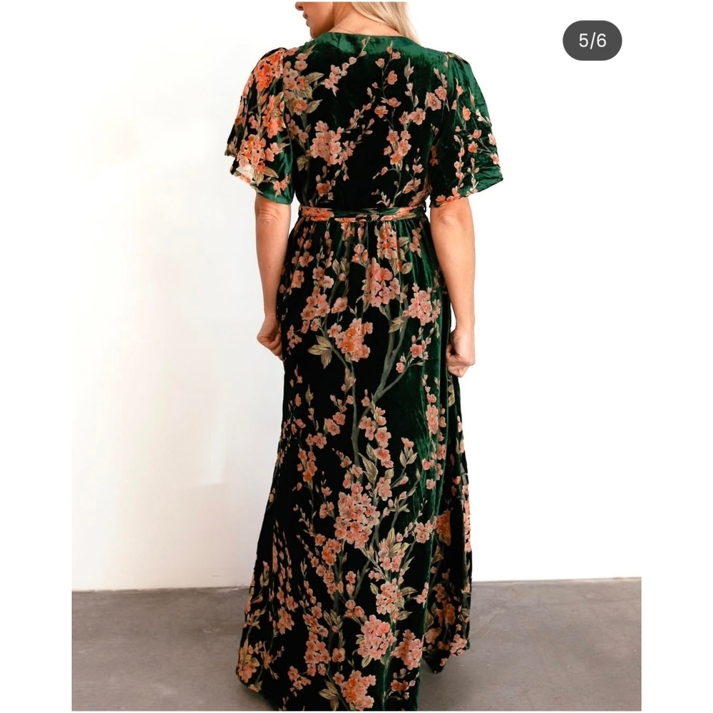 BALTIC BORN Uma Green Velvet Floral Maxi Dress sz L Women's - Picture 2 of 12